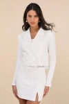 Lulus Savvy Elegance Ivory Lace Double-breasted Cropped Blazer In Ivory