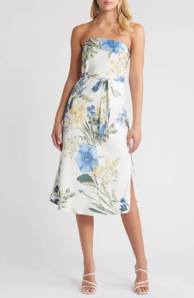 Lulus Season Of Bliss White Floral Print Satin Strapless Midi Dress