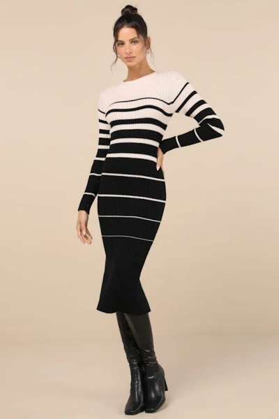 Lulus Season Status Black And Ivory Striped Midi Sweater Dress