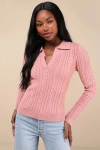 Lulus Seasonal Classic Pink Cable Knit Collared Sweater Top In Pink