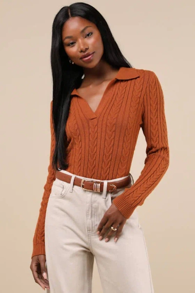 Lulus Seasonal Classic Rust Brown Cable Knit Collared Sweater Top