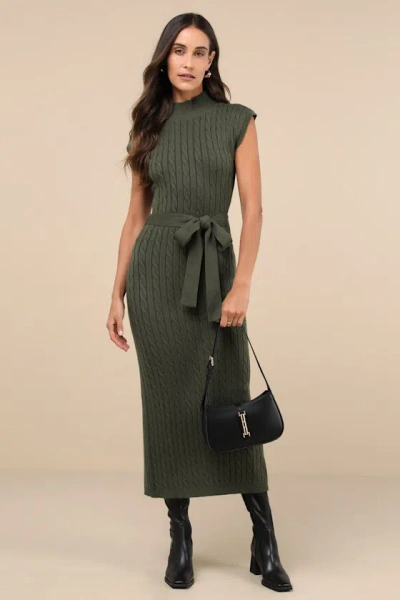 Lulus Seasonal Grace Olive Green Cable Knit Mock Neck Midi Dress