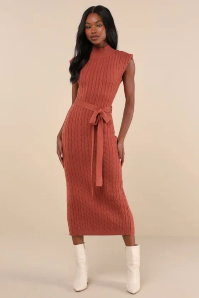 Lulus Seasonal Grace Rust Orange Cable Knit Mock Neck Midi Dress