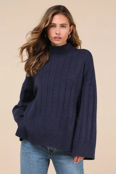 Lulus Seasonal Snuggles Navy Ribbed Mock Neck Pullover Sweater