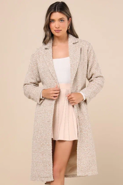 Lulus Seasonal Sophisticate Tan Tweed Belted Two-tone Coat