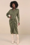 Lulus Seasonal Spirit Green Plaid Ruched Long Sleeve Midi Dress In Green