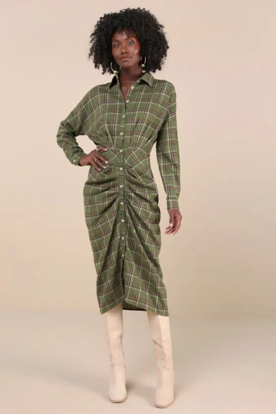 Lulus Seasonal Spirit Green Plaid Ruched Long Sleeve Midi Dress