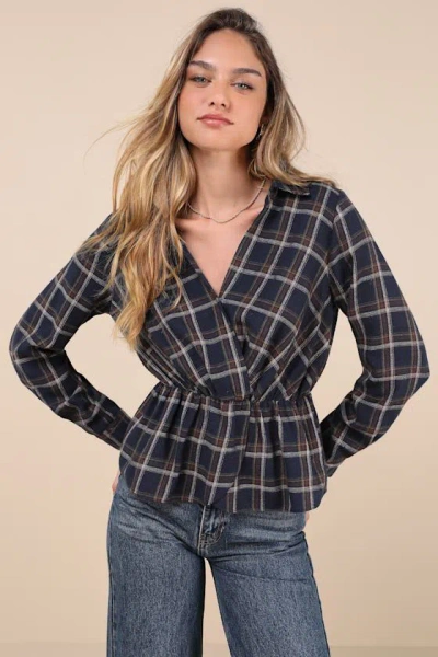 Lulus Seasonal Success Navy Blue Plaid Long Sleeve Peplum Top