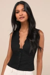 Lulus Seasonally Lovely Black Scalloped Button-front Top In Black