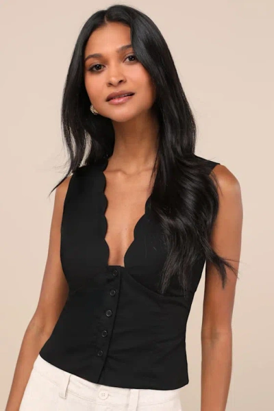 Lulus Seasonally Lovely Black Scalloped Button-front Top