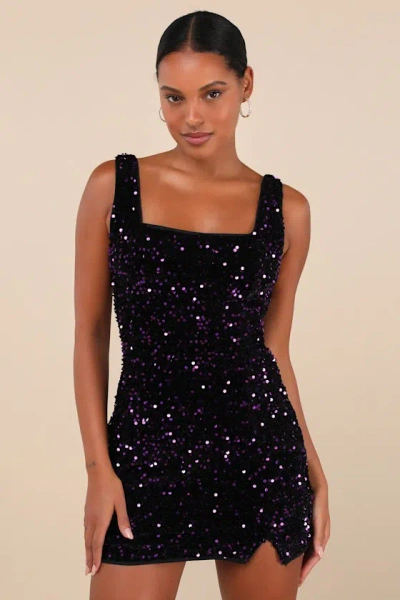 Lulus Seeing Sparkles Dark Purple Velvet Sequin Square Neck Mini Dress