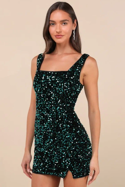 Lulus Seeing Sparkles Teal Velvet Sequin Square Neck Mini Dress