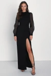 Lulus Seeking Sophistication Black Backless Balloon Sleeve Maxi Dress In Black