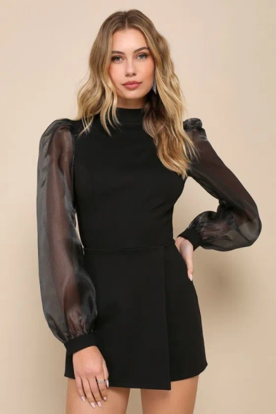 Lulus Seeking Sophistication Black Backless Balloon Sleeve Romper