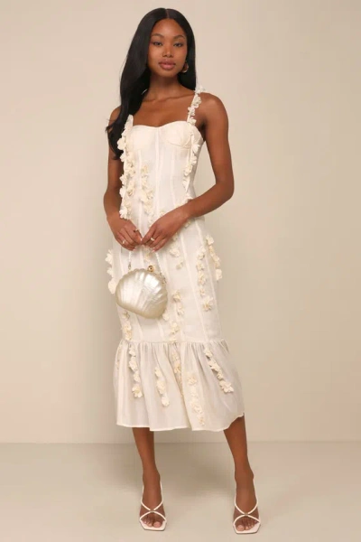 Lulus Sensational Adoration Cream 3d Floral Applique Midi Dress In White
