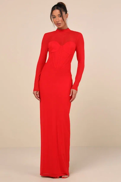 Lulus Sensational Appeal Red Mesh Cutout Long Sleeve Maxi Dress