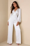 LULUS SENSATIONAL EVENING WHITE SATIN TIE-FRONT LONG SLEEVE JUMPSUIT