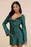 Lulus Sensational Fate Emerald Green Satin Cowl Neck Mini Dress In Emerald Green