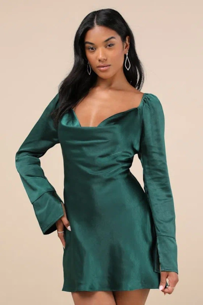 Lulus Sensational Fate Emerald Green Satin Cowl Neck Mini Dress