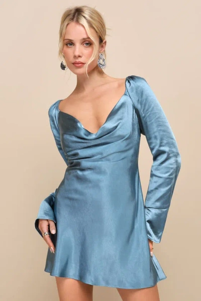 Lulus Sensational Fate Slate Blue Satin Cowl Neck Mini Dress