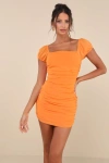 Lulus Sensational Instincts Orange Mesh Ruched Bodycon Mini Dress In Orange