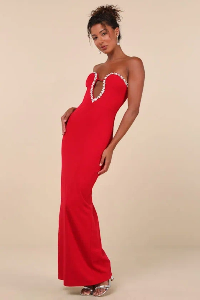 Lulus Sensational Luxury Red Rhinestone Cutout Strapless Maxi Dress