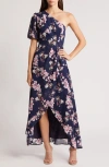 Lulus Sensational Perfection Floral One-shoulder High-low Gown In Navy/ Pink