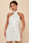 Lulus Sensational Purpose White Sequin Halter Tulip Mini Dress In White