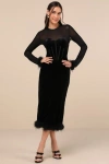 Lulus Sensational Situation Black Velvet Feather Bustier Midi Dress In Black
