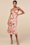 Lulus Sensational Spirit Black Multi Floral Satin Tie-back Midi Dress In Black
