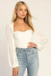 Lulus Sensational Sweetheart White Ribbed Balloon Sleeve Bodysuit In White
