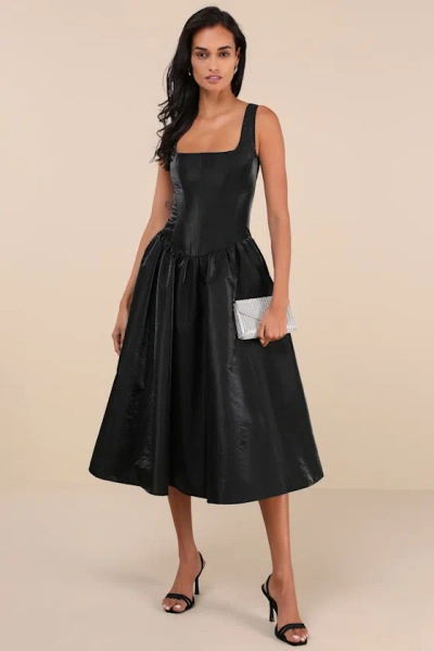Lulus Sensationally Impressive Black Shiny Taffeta Lace-up Midi Dress