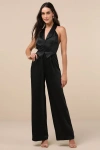 Lulus Sensationally Sophisticated Black Satin Halter Vest Jumpsuit In Black