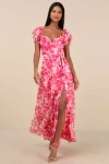 Lulus Sensationally Sweeter Bright Pink Floral Ruffled Maxi Dress In Pink