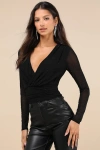 Lulus Sense Of Sparkle Black Mesh Rhinestone Surplice Long Sleeve Top In Black