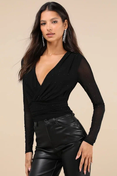 Lulus Sense Of Sparkle Black Mesh Rhinestone Surplice Long Sleeve Top