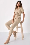 Lulus Sensible Sensation Beige Tie-front Short Sleeve Jumpsuit In Beige