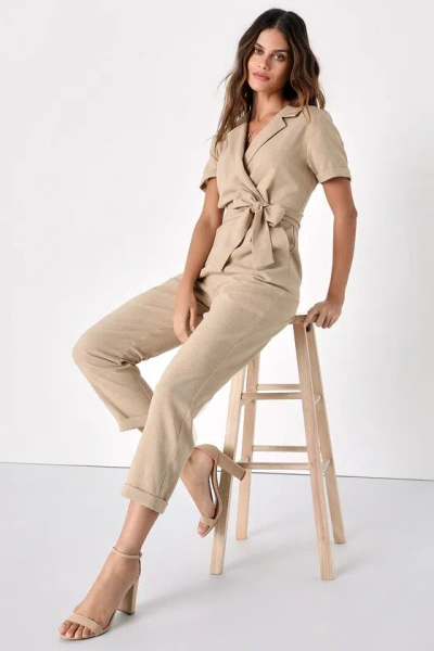 Lulus Sensible Sensation Beige Tie-front Short Sleeve Jumpsuit