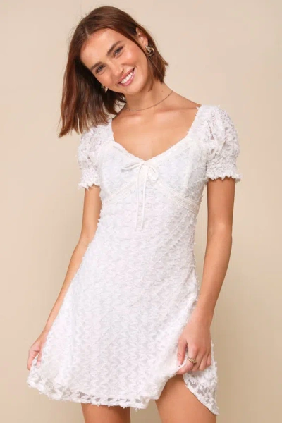 Lulus Sent To Charm White Textured Ribbon Puff Sleeve Mini Dress