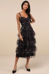 Lulus Sentimental Charisma Black Floral Mesh Tiered Midi Dress In Black