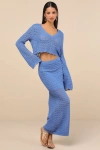 Lulus Serene Aesthetic Blue Crochet Knit Midi Skirt In Blue