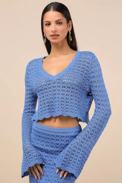 Lulus Serene Aesthetic Blue Crochet Knit Sweater Crop Top