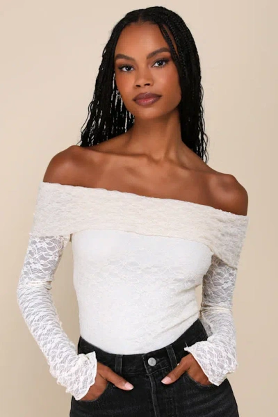 Lulus Serene Date Cream Lace Off-the-shoulder Long Sleeve Top In White