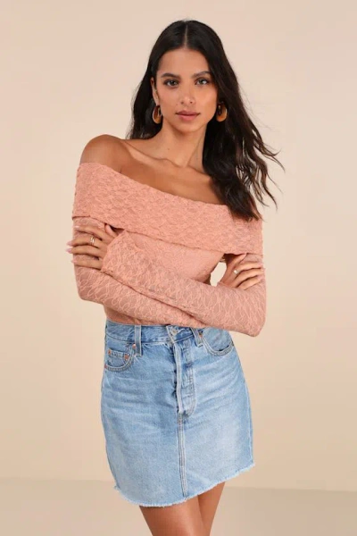 Lulus Serene Date Terracotta Lace Off-the-shoulder Long Sleeve Top In Pink