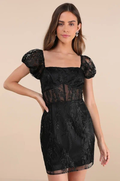 Lulus Seriously Cute Black Embroidered Mesh Puff Sleeve Mini Dress
