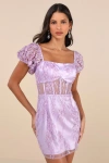 Lulus Seriously Cute Lavender Embroidered Mesh Puff Sleeve Mini Dress In Purple