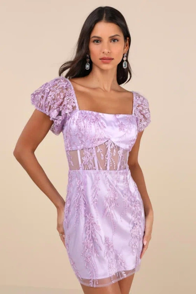 Lulus Seriously Cute Lavender Embroidered Mesh Puff Sleeve Mini Dress In Purple