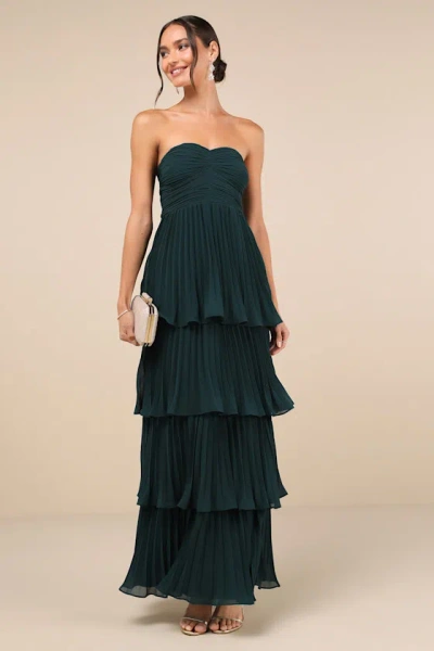Lulus Seriously Sensational Emerald Strapless Tiered Maxi Dress In Green