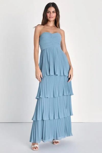Lulus Seriously Sensational Blue Pleated Strapless Tiered Maxi Dress