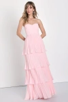 Lulus Seriously Sensational Pink Pleated Strapless Tiered Maxi Dress In Pink